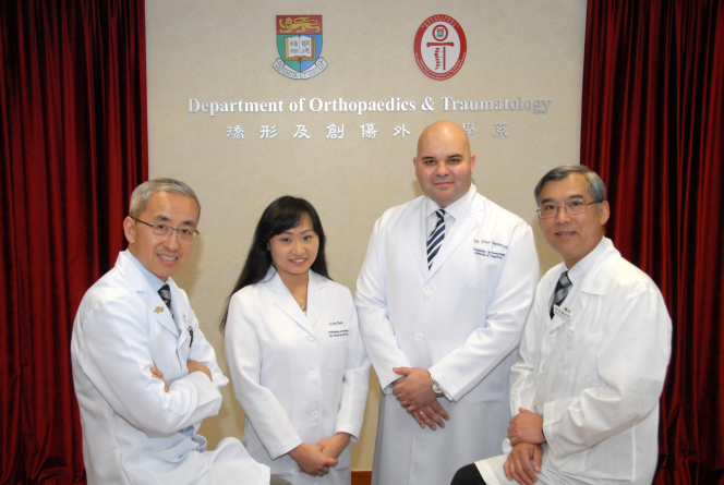 (From Left) Professor Kenneth Cheung Man-chee, Jessie Ho Professor in Spine Surgery, Clinical Professor and Head; Miss Cora Bow Hing-yee, Senior Research Assistant; Dr Dino Samartzis, Assistant Professor; and Professor Keith Luk Dip-kei, Tam Sai-Kit Professor in Spine Surgery and Chair Professor of Orthopaedic Surgery, Department of Orthopaedics and Traumatology, Li Ka Shing Faculty of Medicine, HKU.